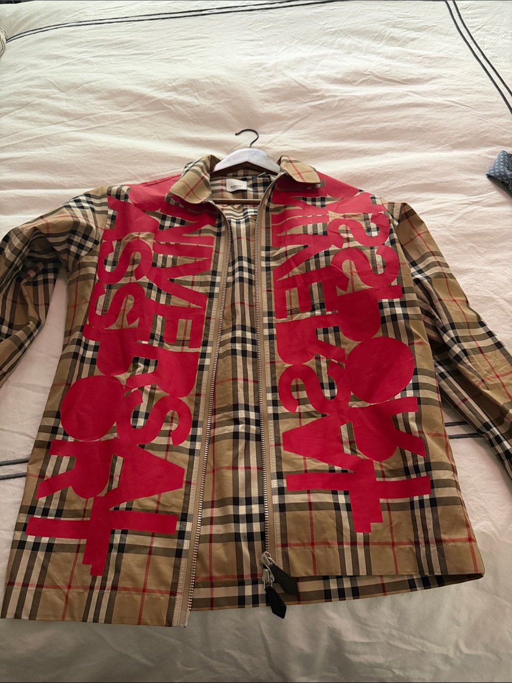 Burberry Beige Check Zip Bomber with Bold Red Graphic
